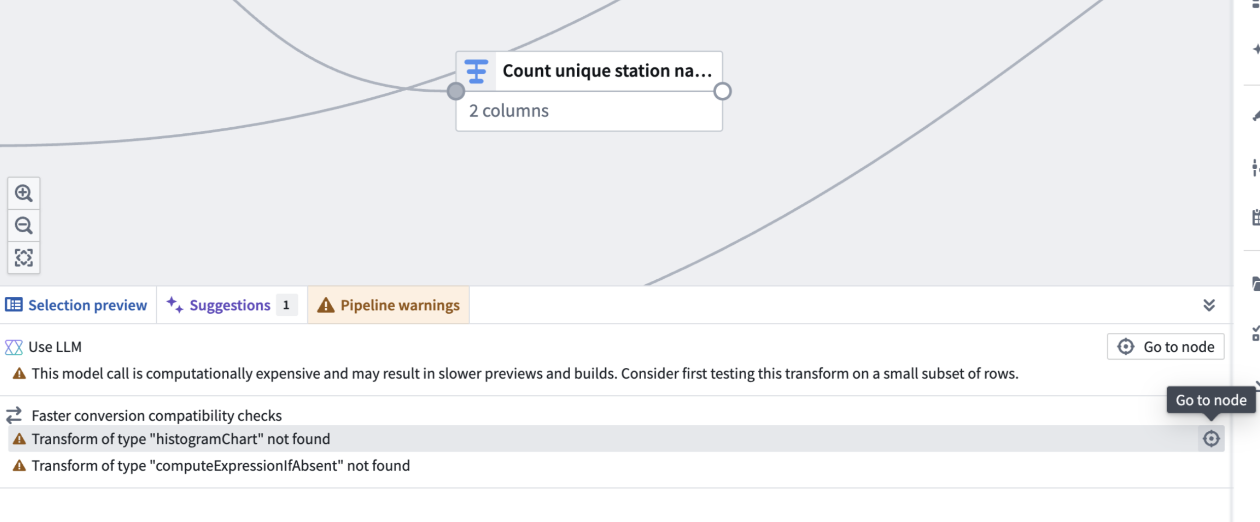 The Pipeline warnings panel displays an incompatible transform.