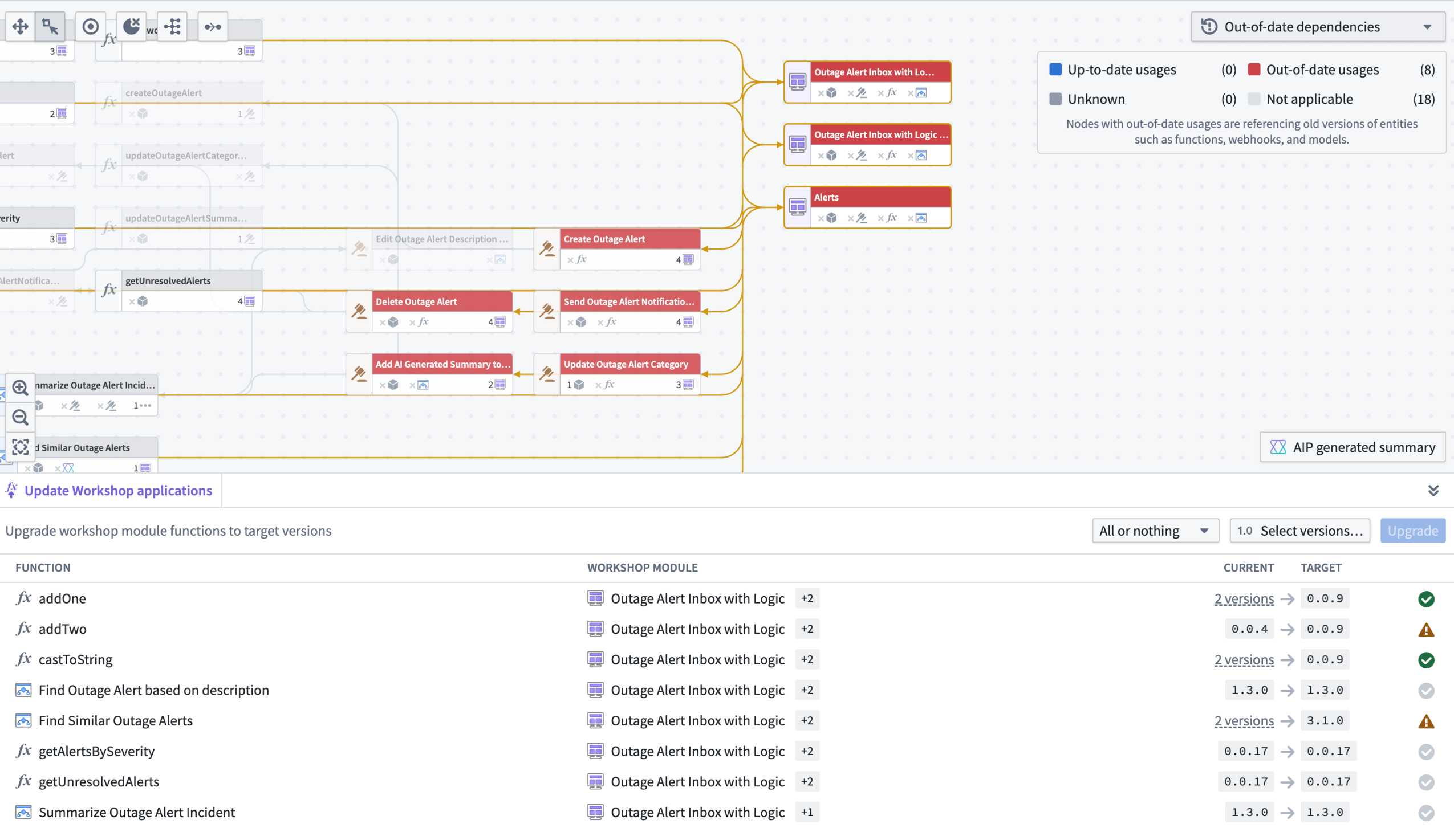 Select the relevant Workshop application nodes and review upgradable functions in one view within Workflow Lineage.