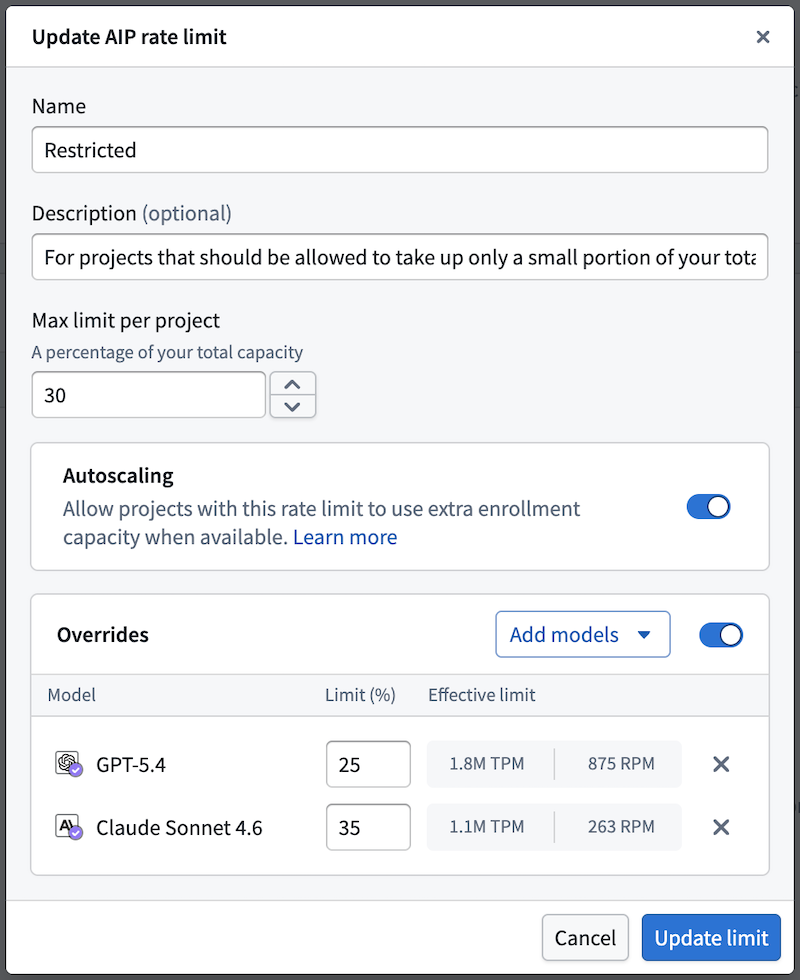 Add model overrides to control model level usage on projects.