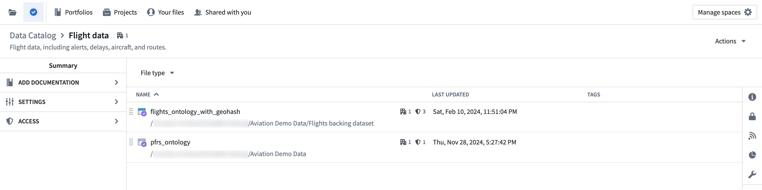 Two datasets that are in a selected collection in the Data Catalog.