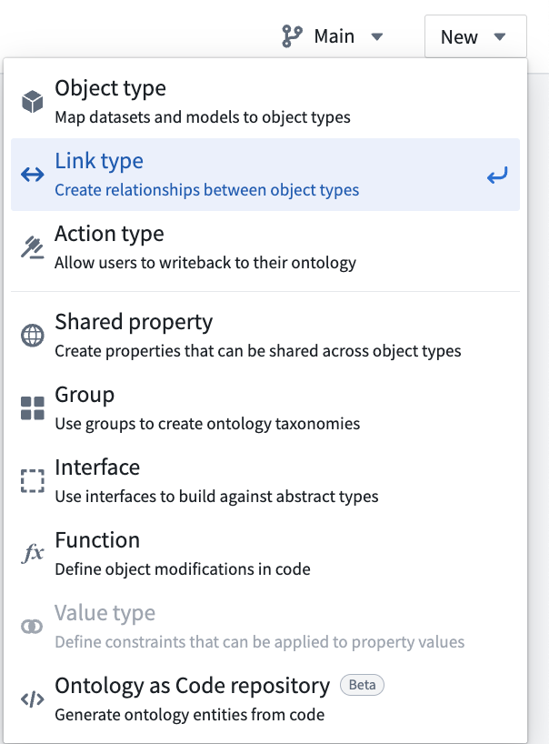 Select Link type option from the New dropdown menu.