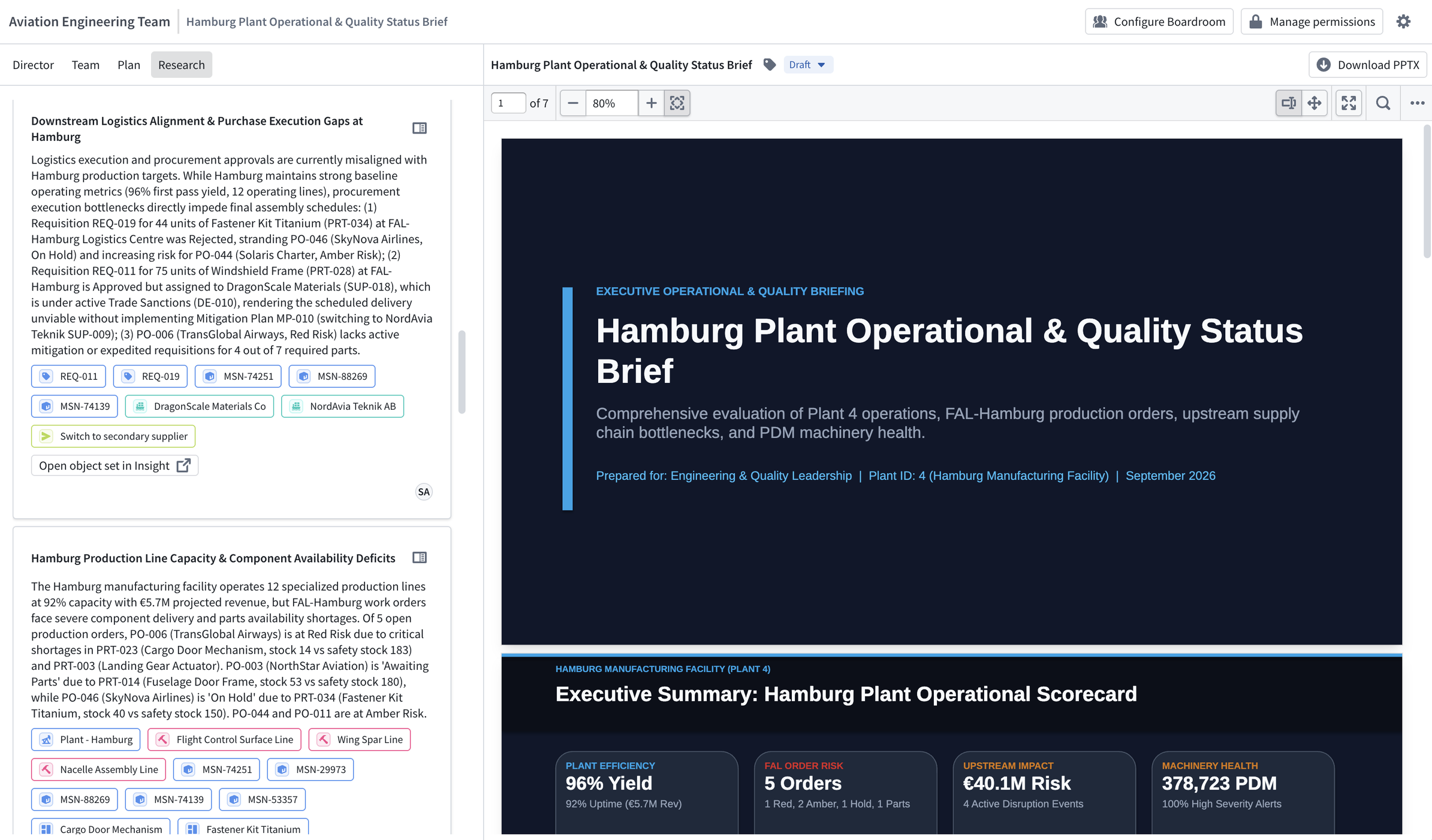 A slide deck workflow in a boardroom displays agent research next to a generated operational briefing.