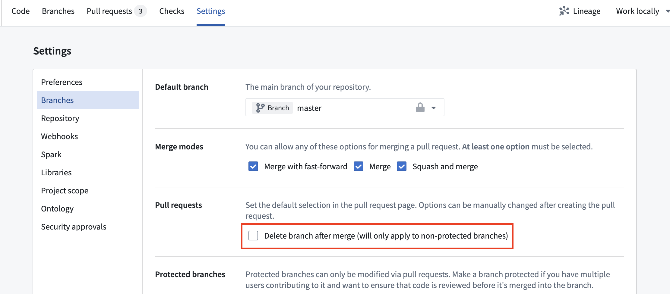 Settings for branch deletion