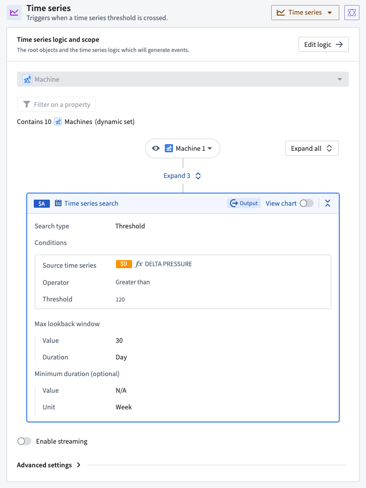 The time series search logic, viewable when editing the time series condition in Automate.