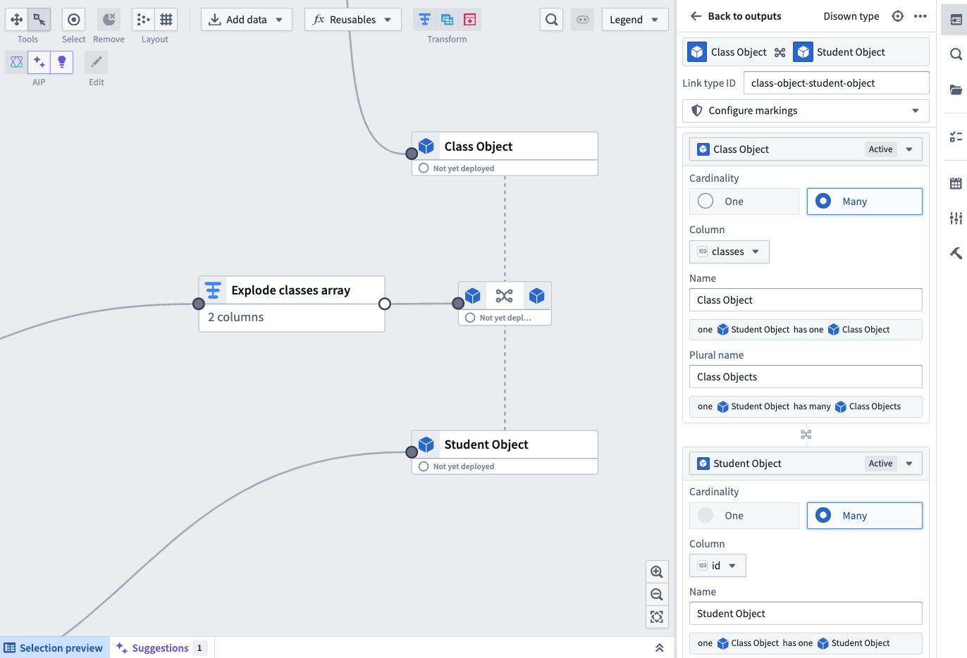 Example of a many-to-many link in Pipeline Builder.