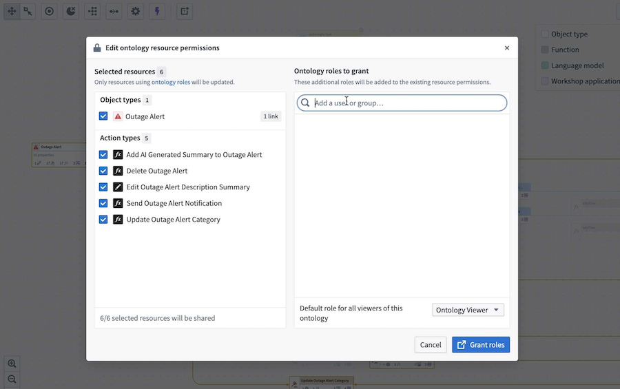 Use the search bar to find groups and grant ontology roles for a given resource.