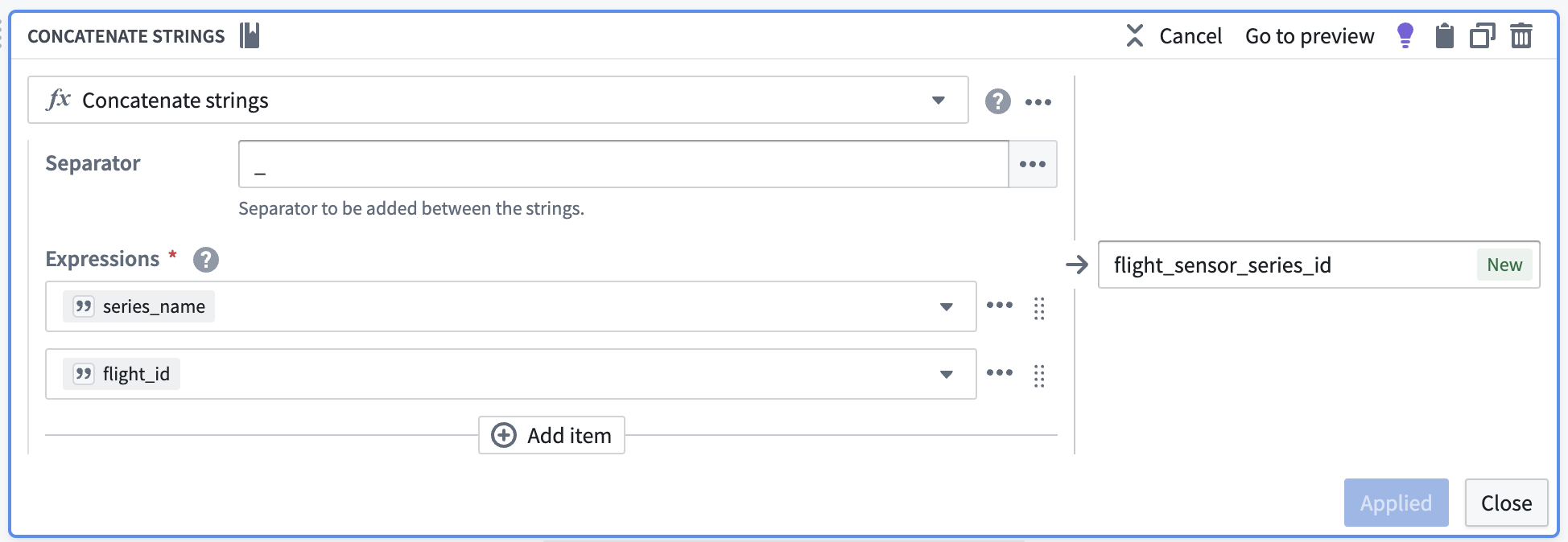 The concatenate strings transform board in Pipeline Builder