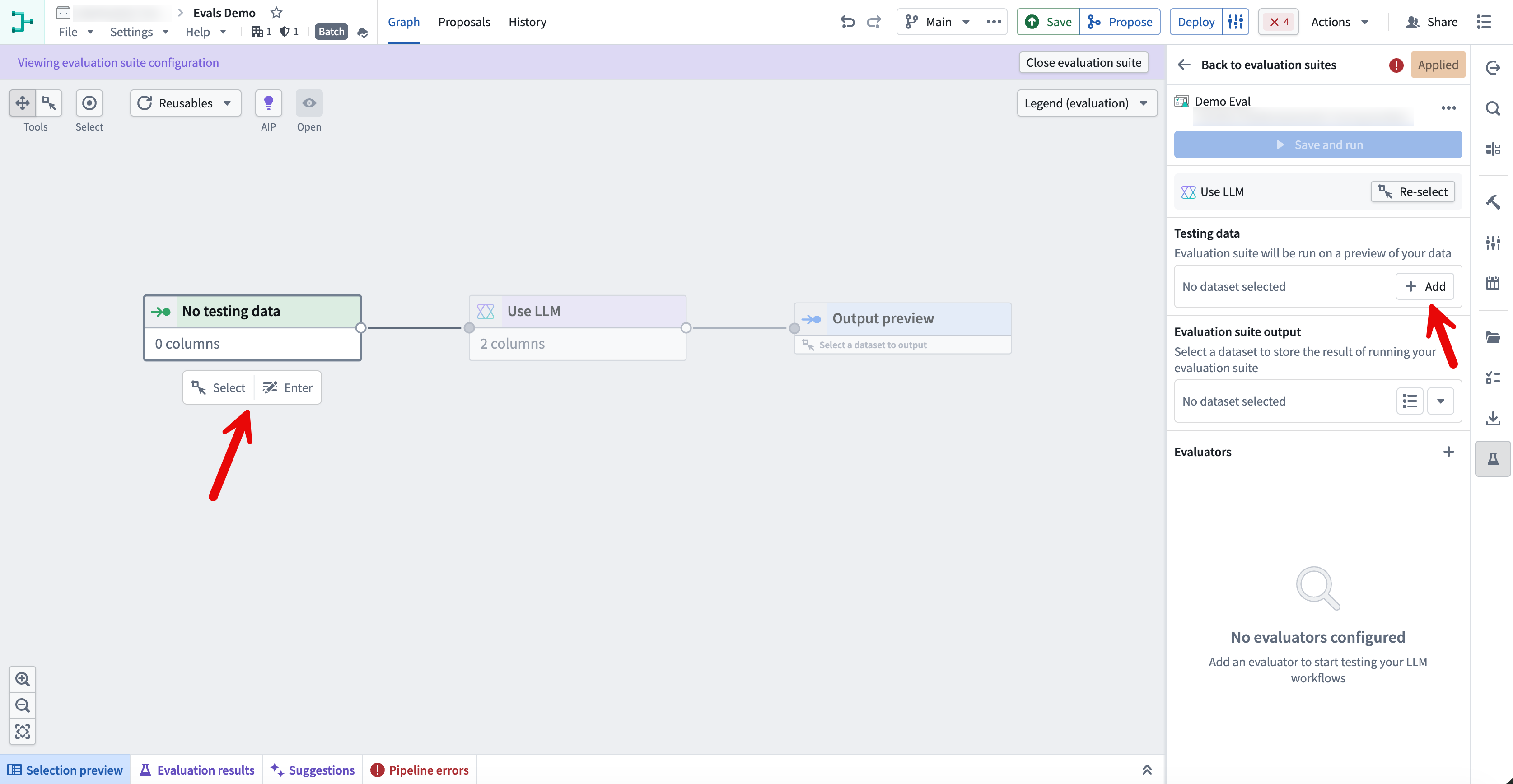 Arrows indicate the + Add option in the Testing data field and the Select option below the input node.
