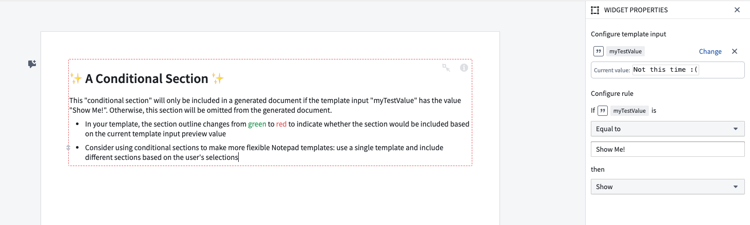 The new conditional section feature, available in Notepad templates