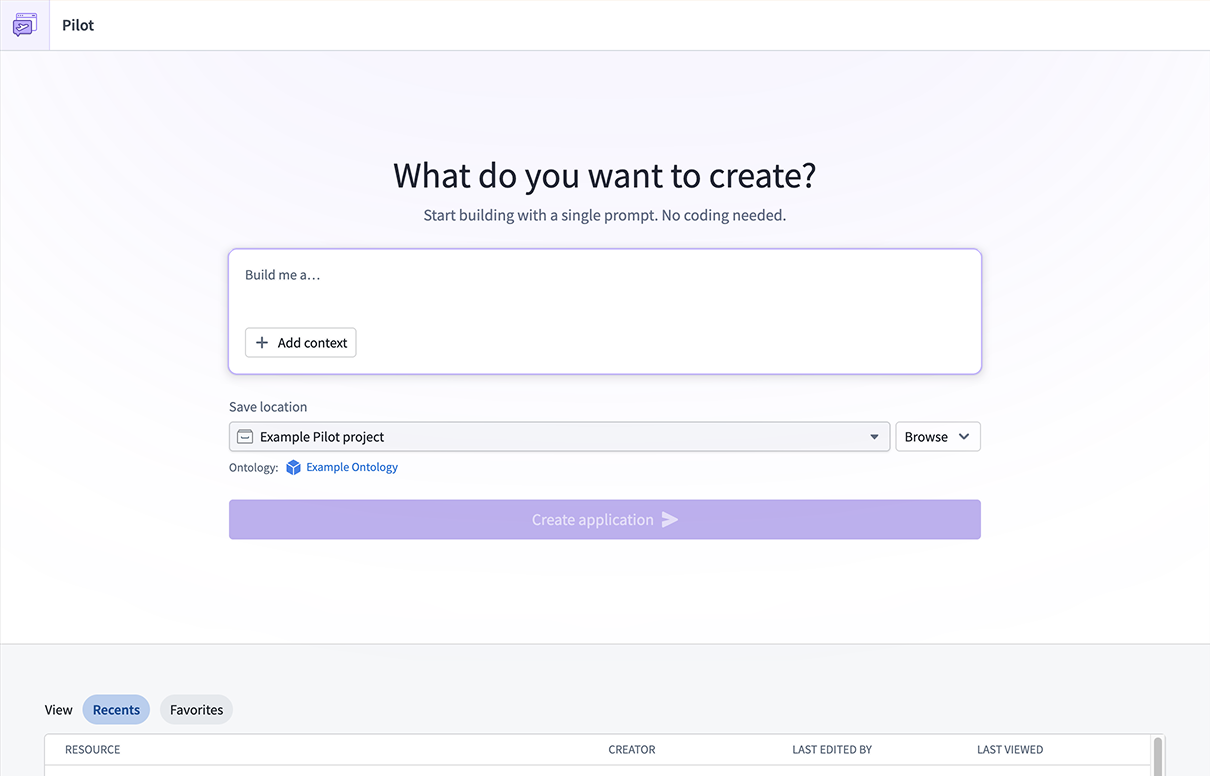 The Pilot landing page where you can describe the application you want to build.