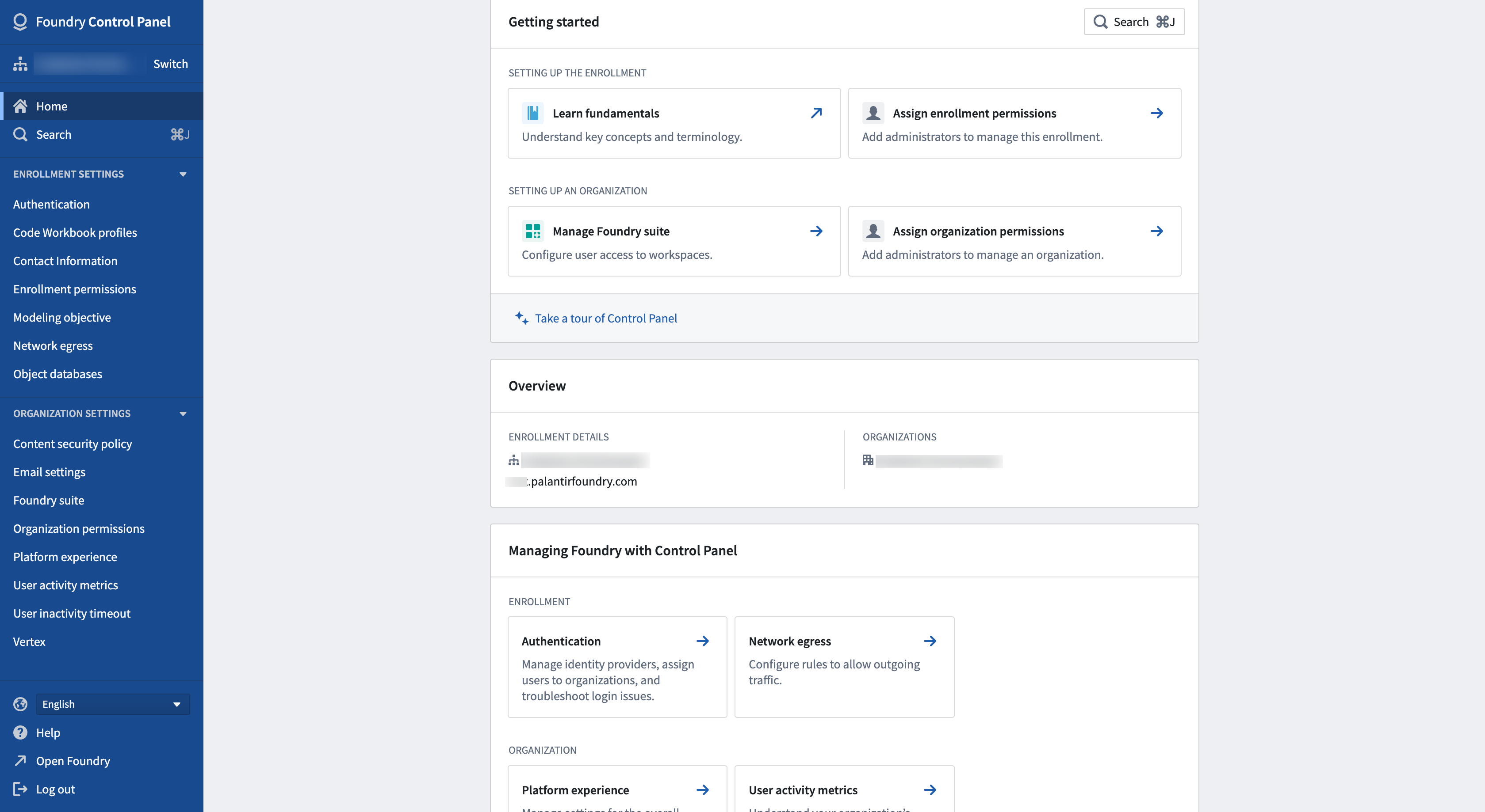 The Control Panel home page