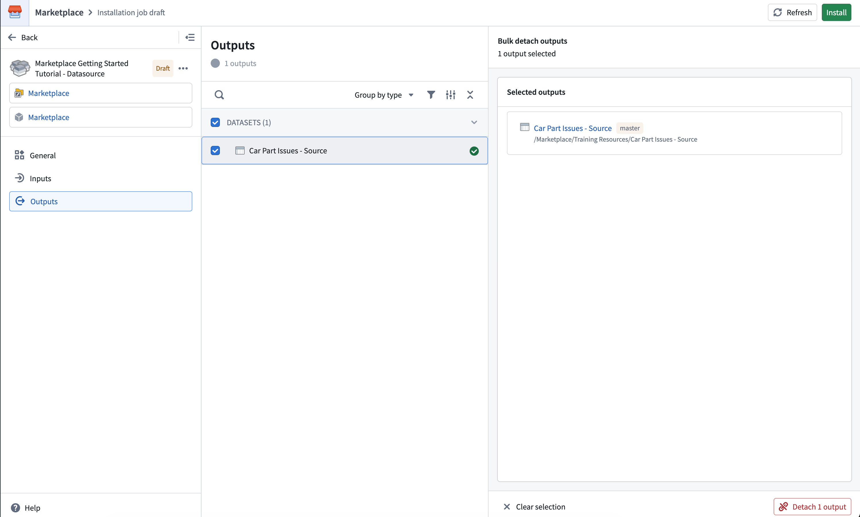 Screenshot showing the detach option in an installation draft.