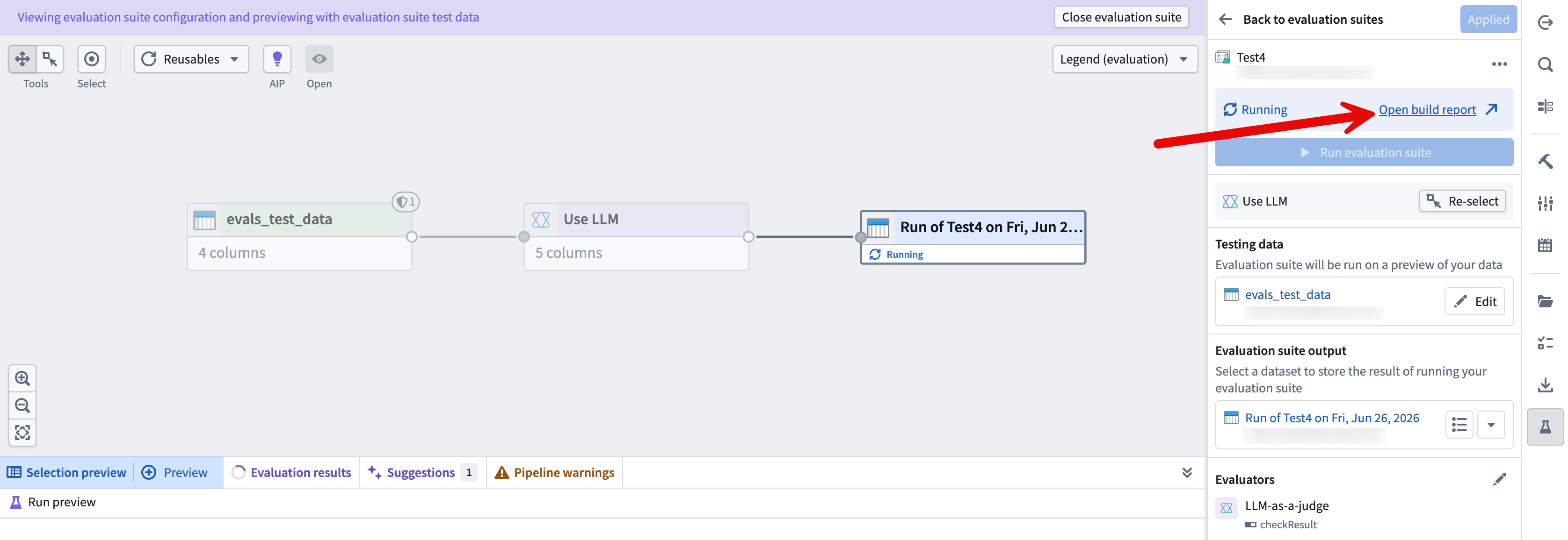 The evaluation suite panel displays the Running status and the Open build report link.