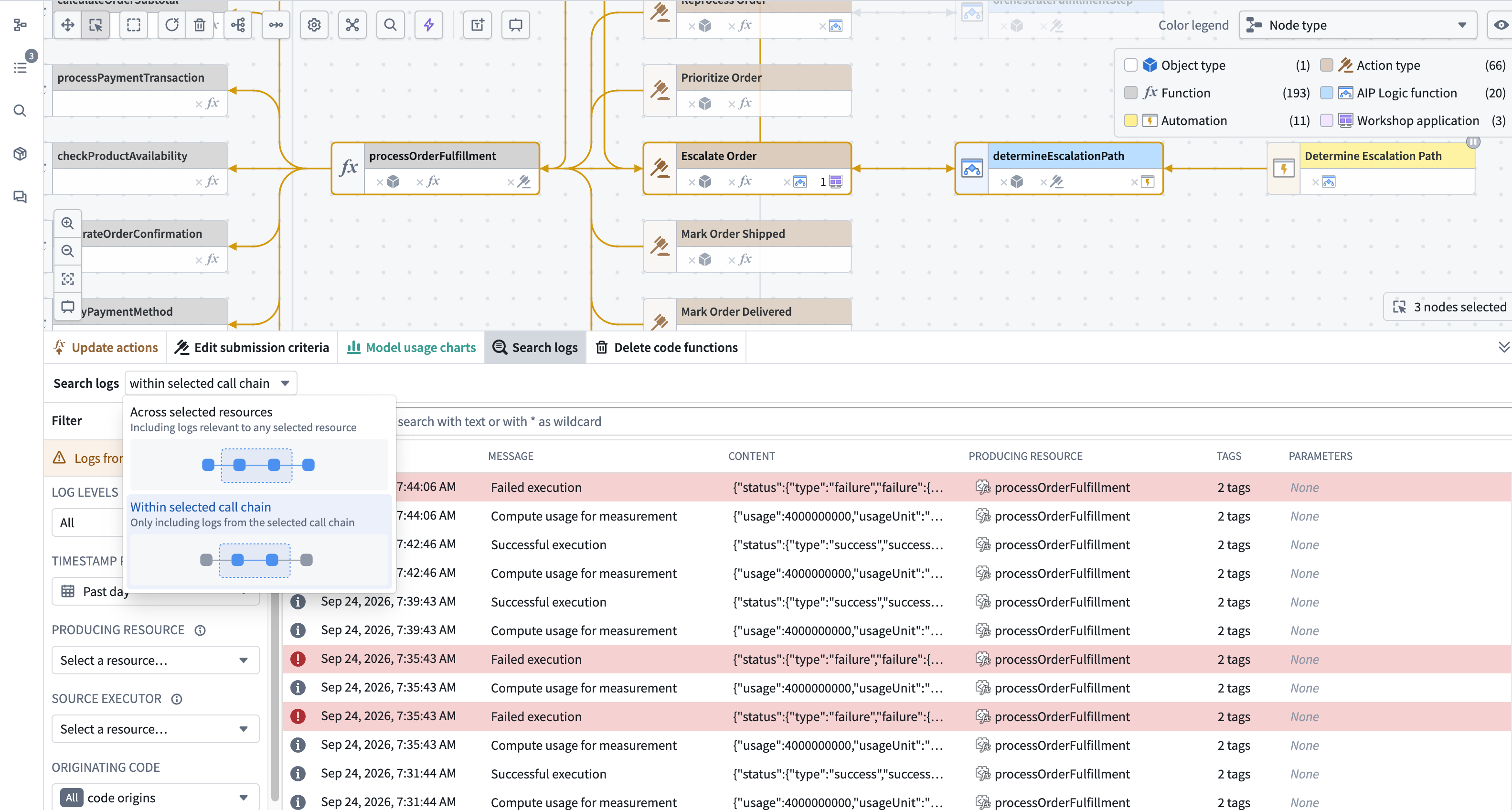 Global log search scope menu showing the Across selected resources and Within selected call chain options.