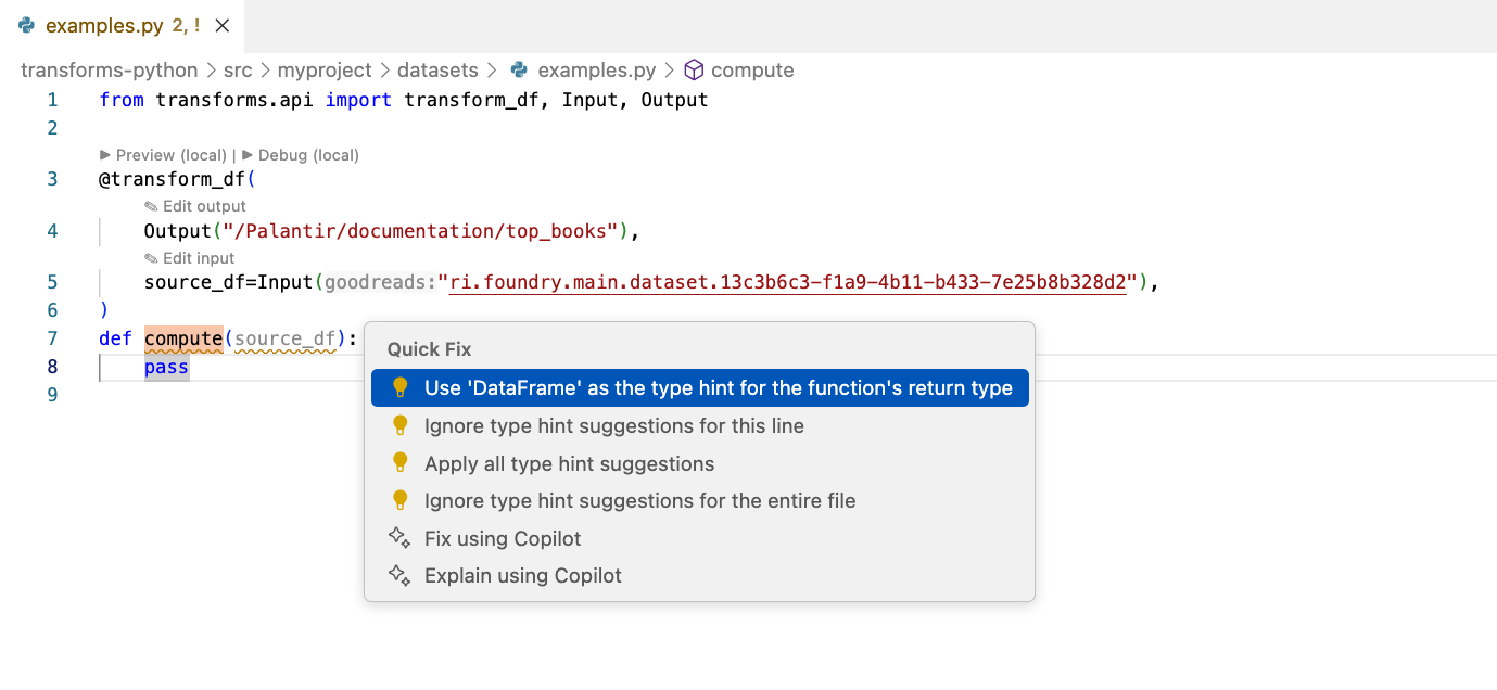 The code actions to resolve the linting error.