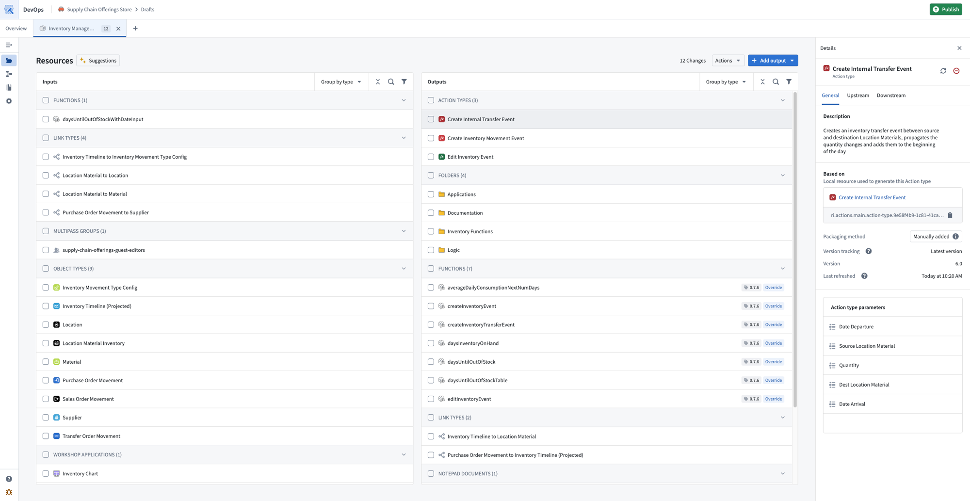 The Resources page displays inputs and outputs with a Details panel showing resource information.