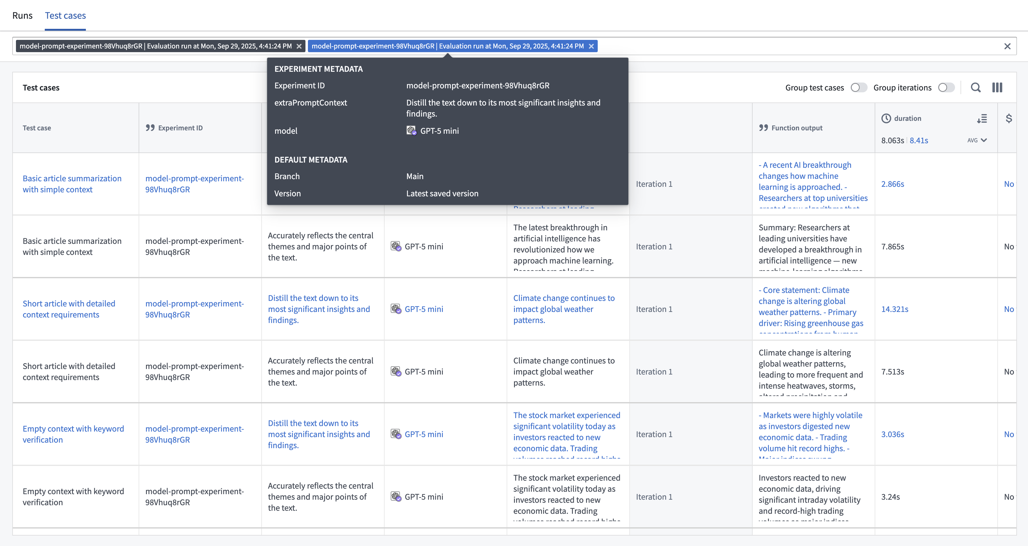 Experiment metadata seen when hovering over the model prompt experiment tag.