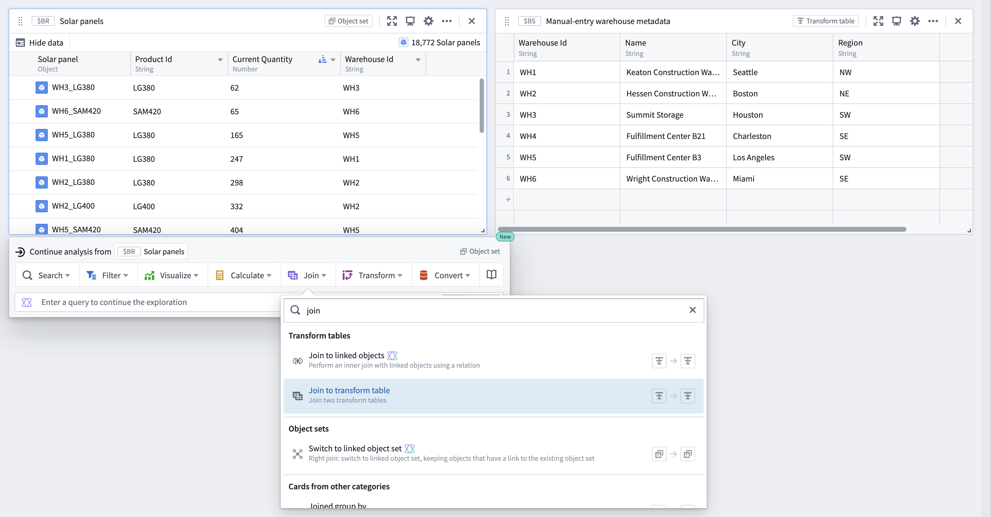 A user can copy metadata from a manual entry transform table to a new table to join to an existing object set.
