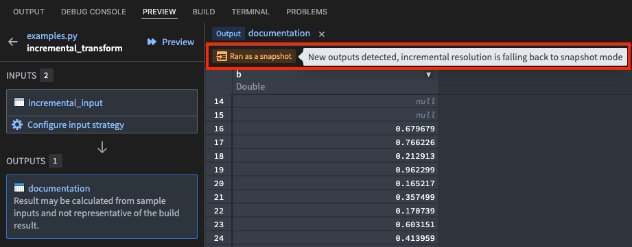 The preview feature in use while running a snapshot Python transform build.