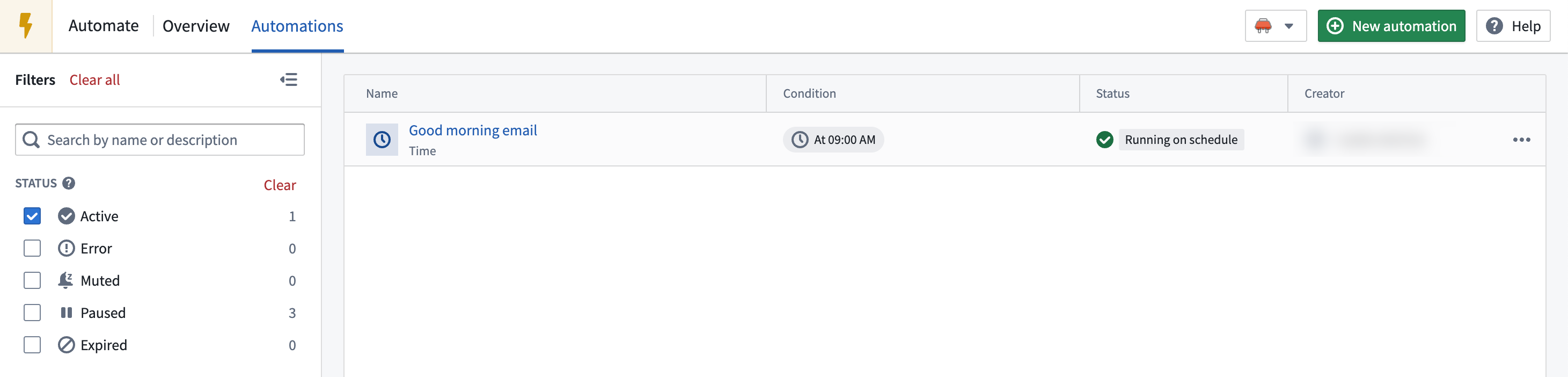 The table of viewable automations, filtered by active automations.