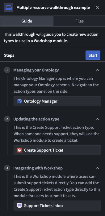 An example of a multiple resource walkthrough, using a Support Ticket workflow.