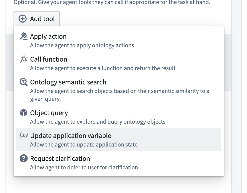 The update application variable option in the Add tool dropdown menu.