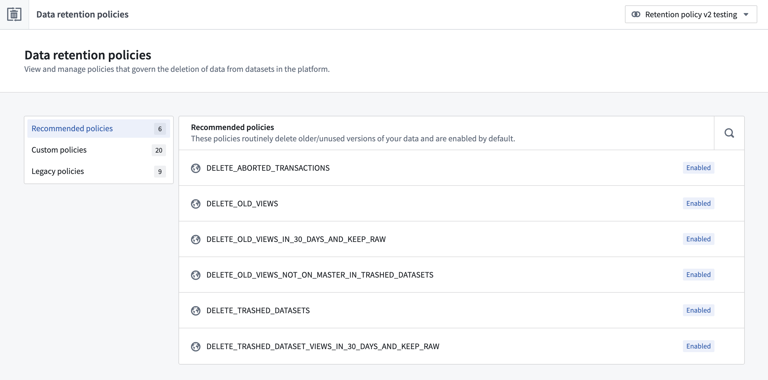 Overview screen of Retention application