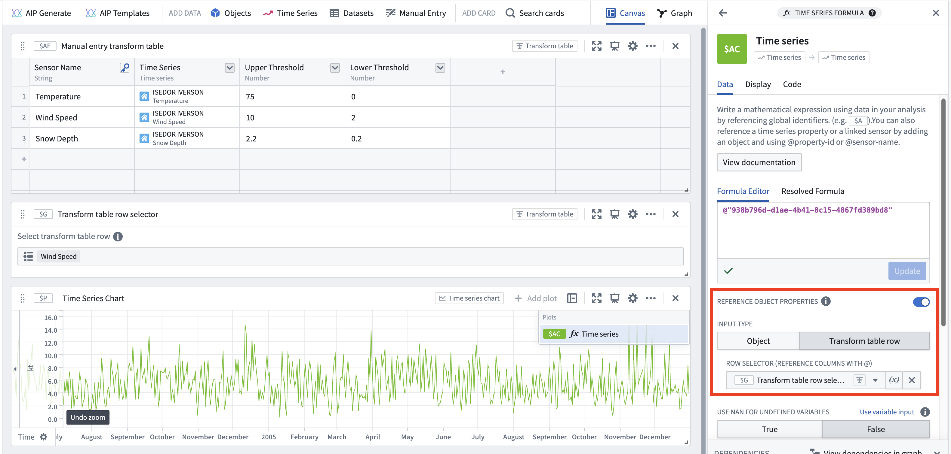 Use manual entry values in time series formula plot