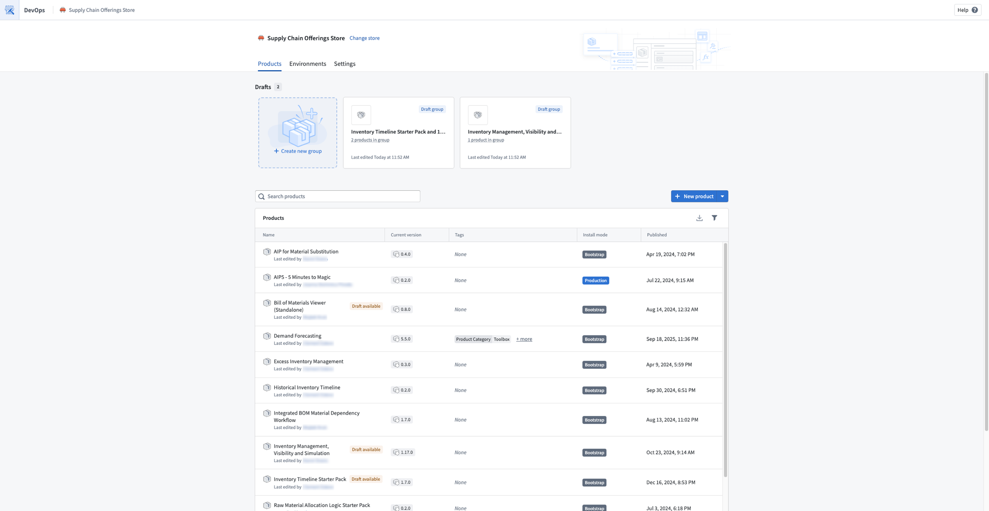 The store overview page displays draft groups and a list of published products.