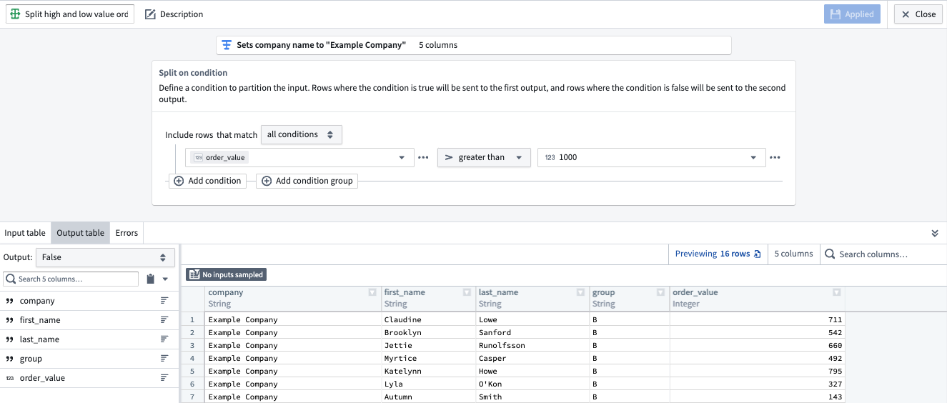 Screenshot of an example Split transform configuration
