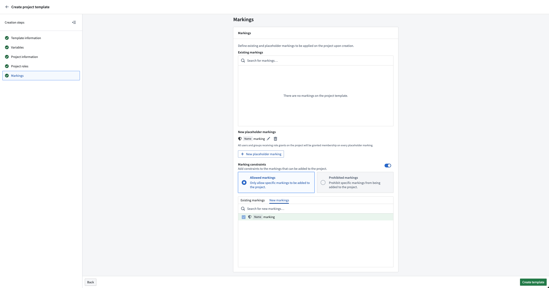 Example of configuring a new marking to be an allowed Project constraint.