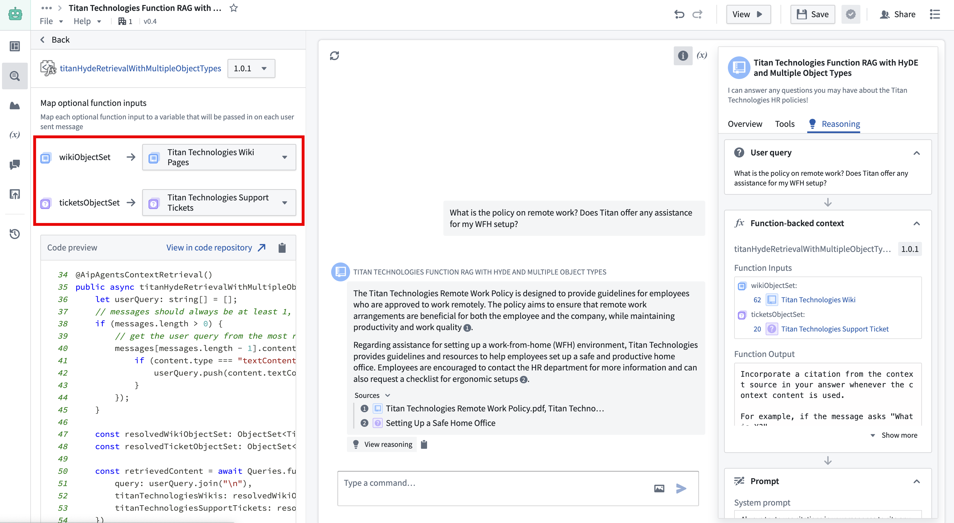 A screenshot of AIP Chatbot Studio edit page with the retrieval function input mapping.