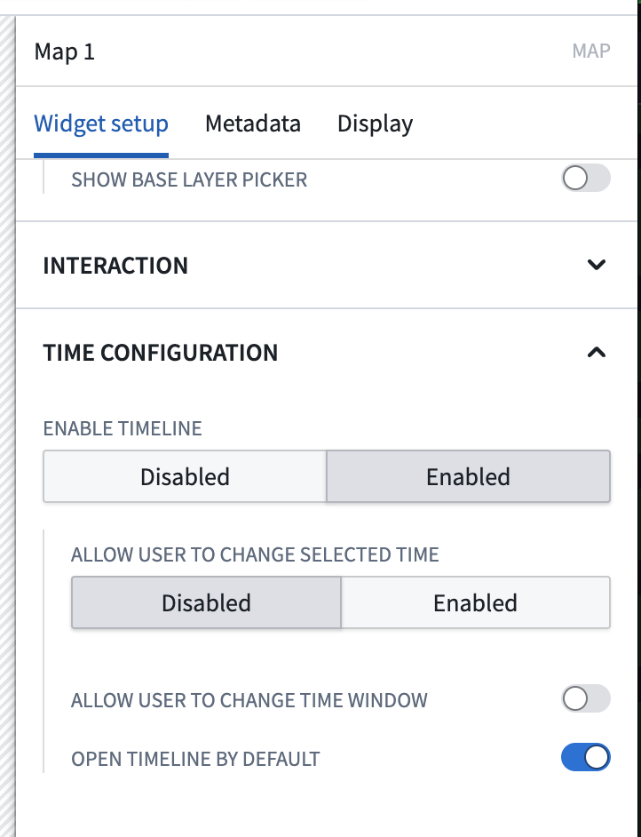 The timeline enable button in the Map workshop widget configuration panel.