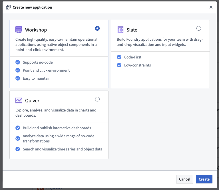 Create new application modal