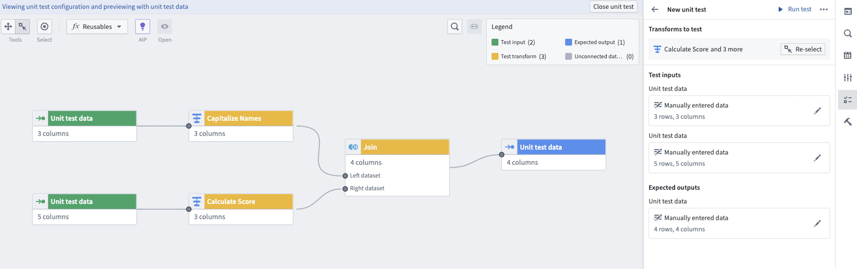 A unit test with inputs and outputs filled.