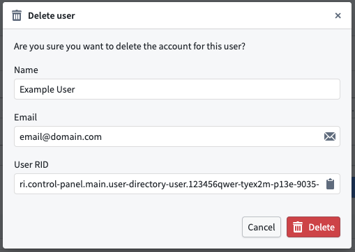 Manage user directories delete user dialog.