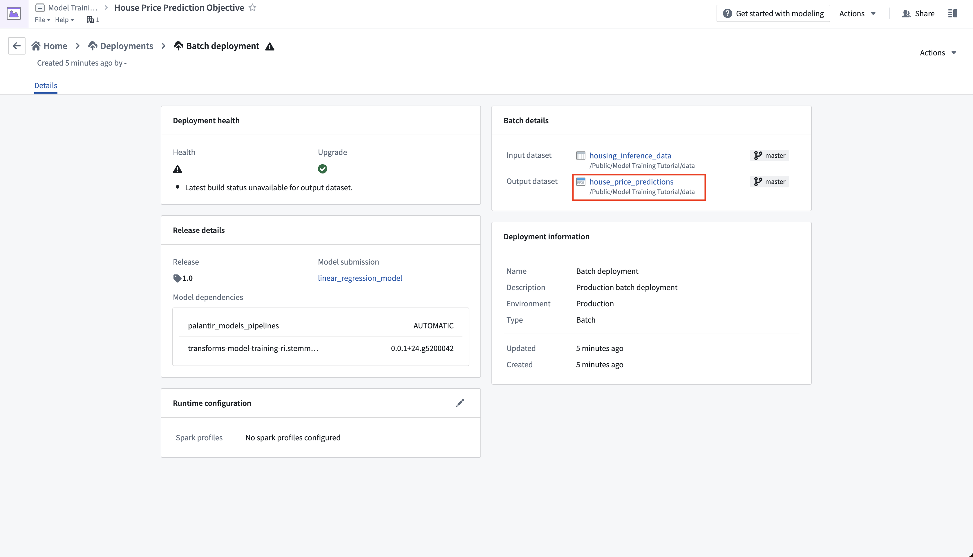 Open the output dataset in a batch deployment in a modeling objective