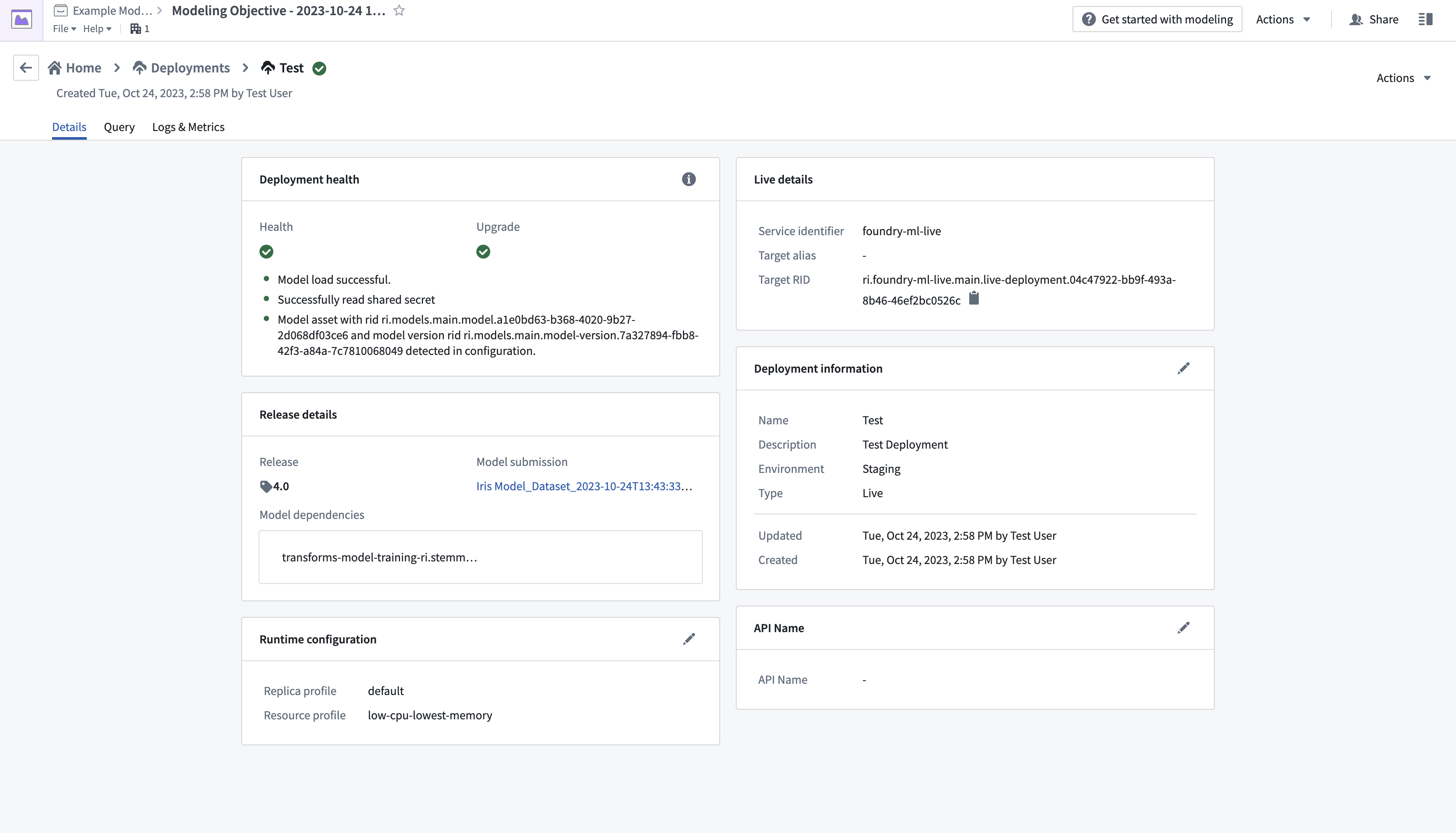 The test details page for the model deployment.