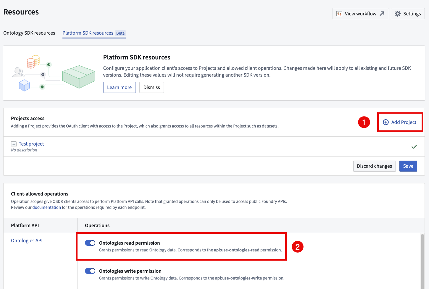 Using the Platform SDK Resources page to modify the resources and operations available to the application client.