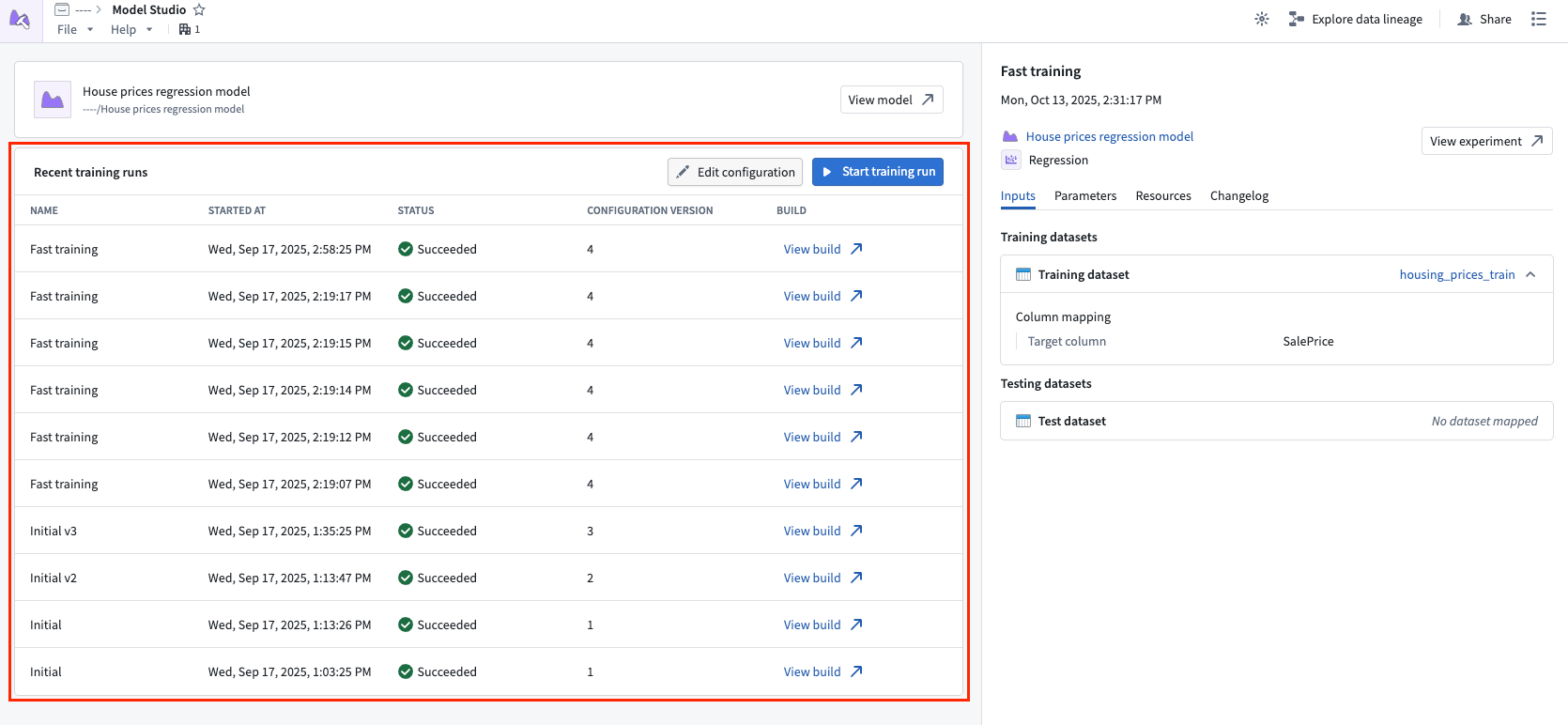 The Model Studio home page, with the "Recent training runs" table highlighted.