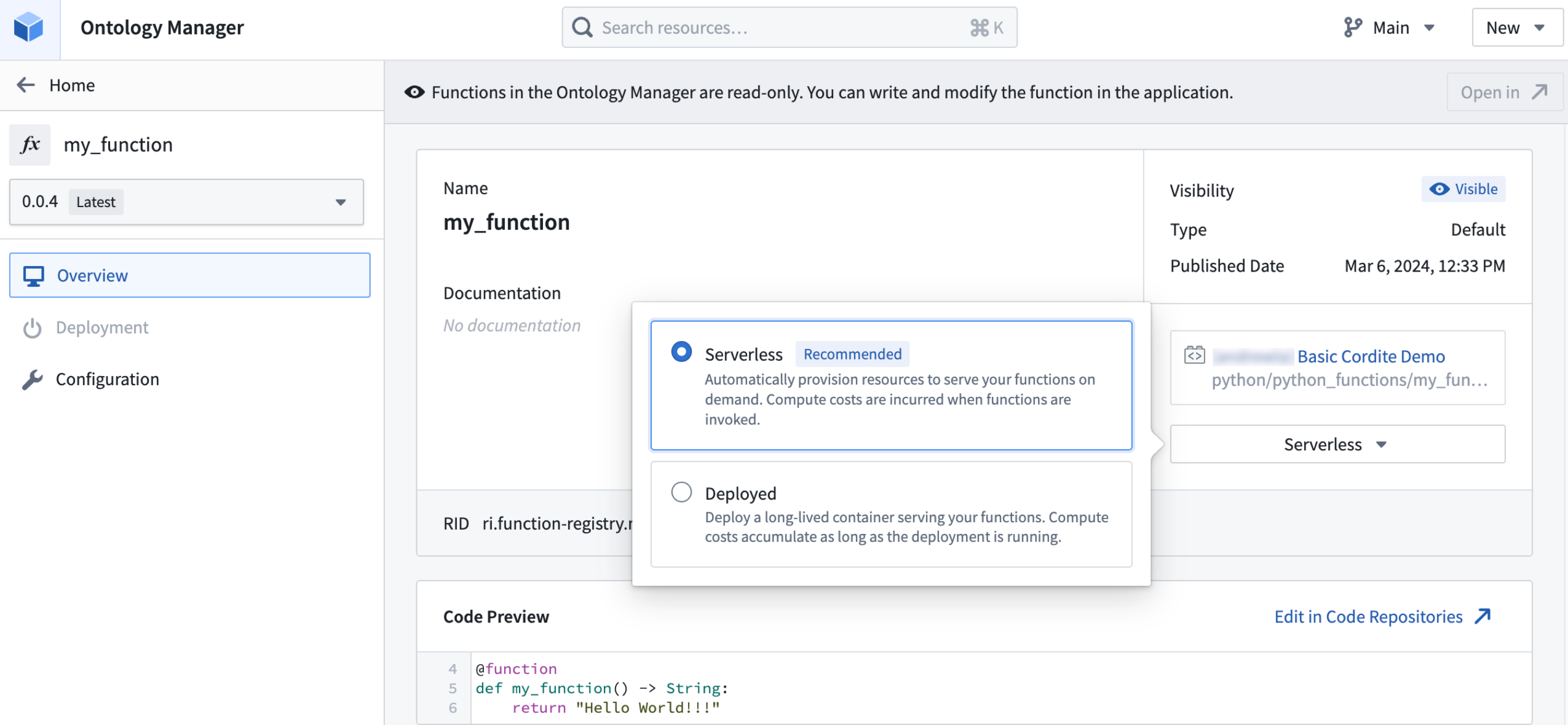 Existing functions using the deployed backend can be converted to serverless mode in Ontology Manager.