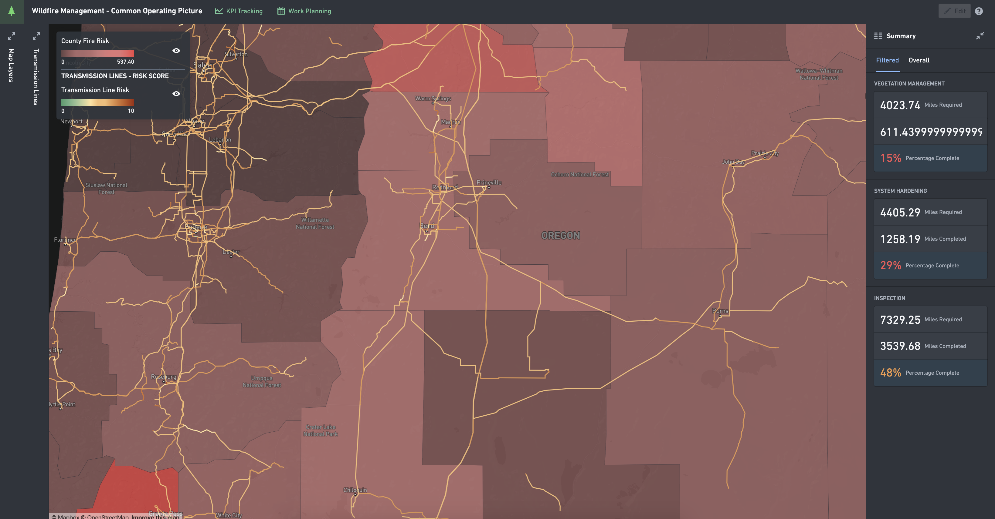 Example of Vector Data: a choropleth map of Oregon with overlaid electric transmission lines