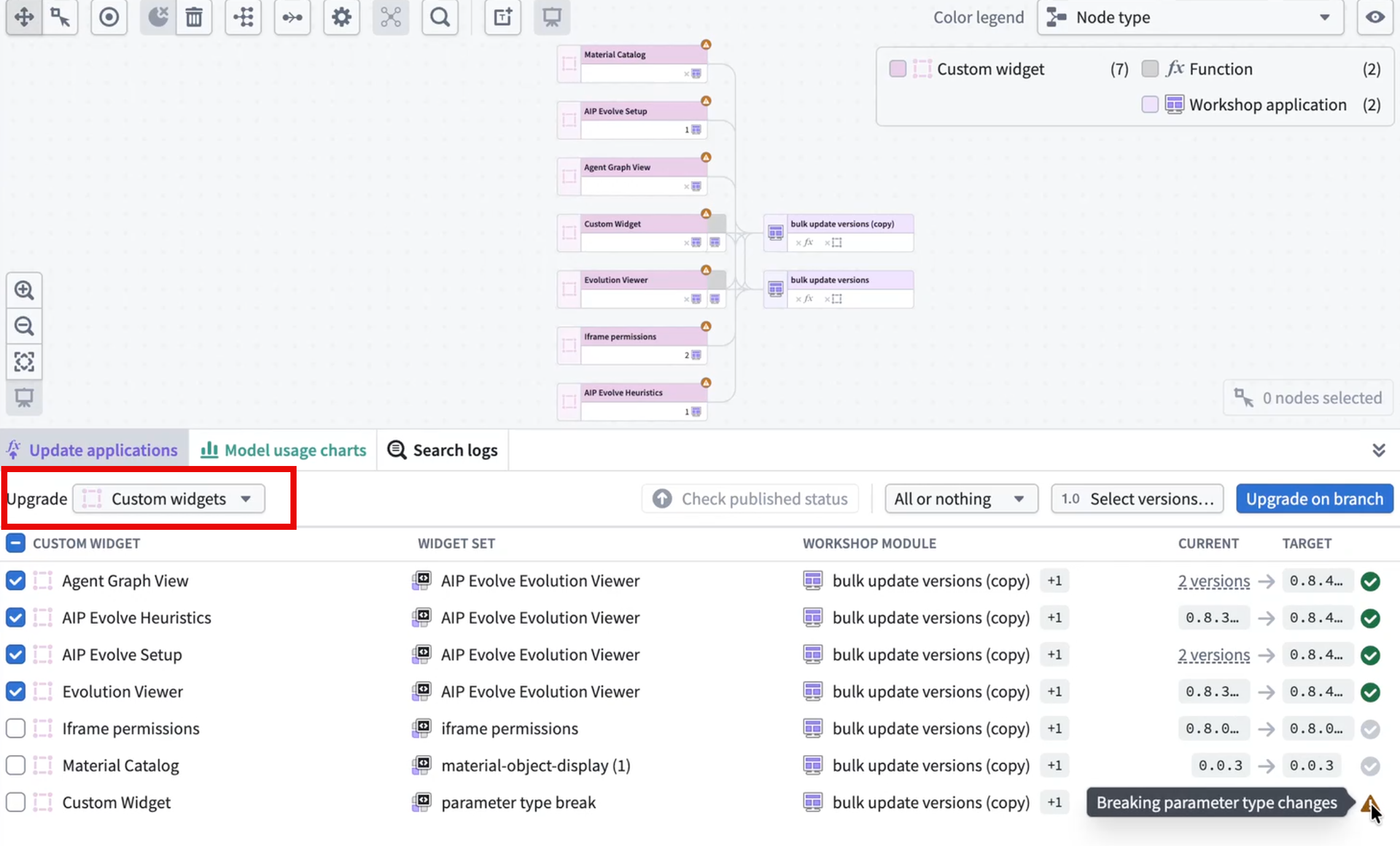 Example of upgrading custom widgets for multiple Workshops.