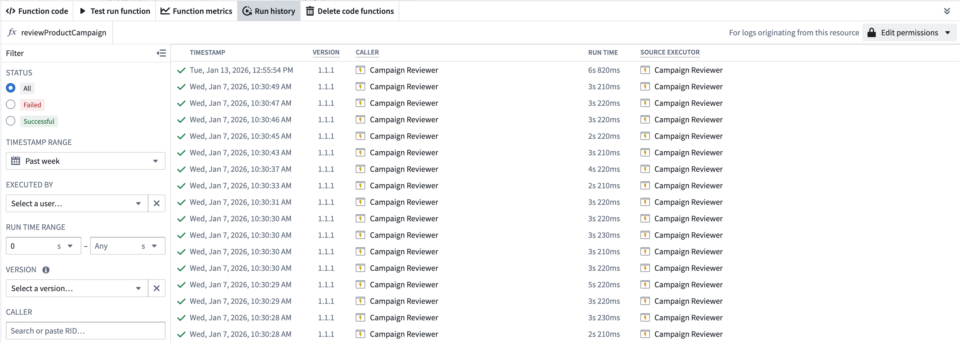 View log details for a specific execution in the Run history table.
