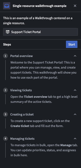 An example of a single resource walkthrough centered on a Support Ticket Portal resource.