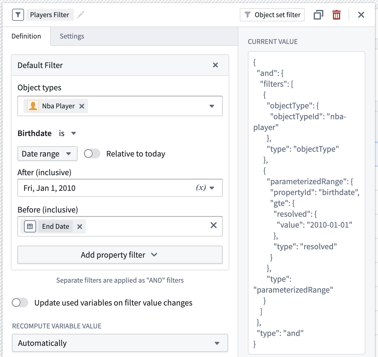 An object set filter variable with a default state.