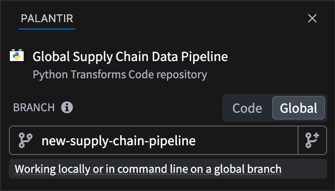 The tabbed branch selector in the Palantir panel of the VS Code sidebar, with the Global branch tab selected.