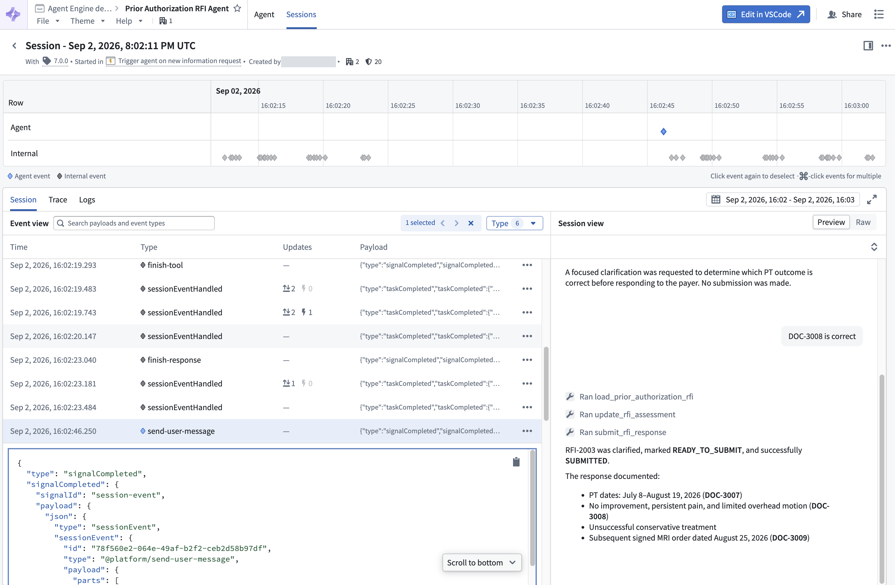 Agent Manager shows a selected send-user-message event, its payload, and the session view.