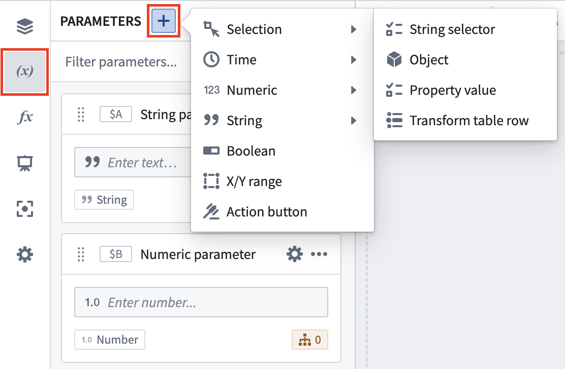 Adding a parameter from the parameters panel