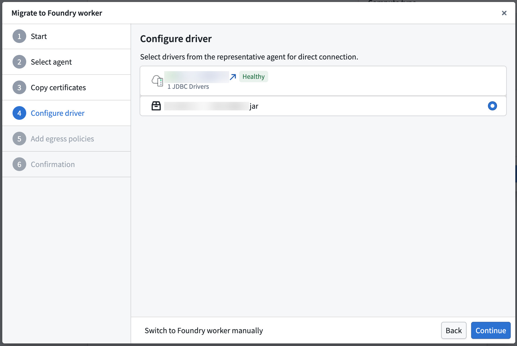 The configure driver step of the migration wizard showing available JDBC drivers.